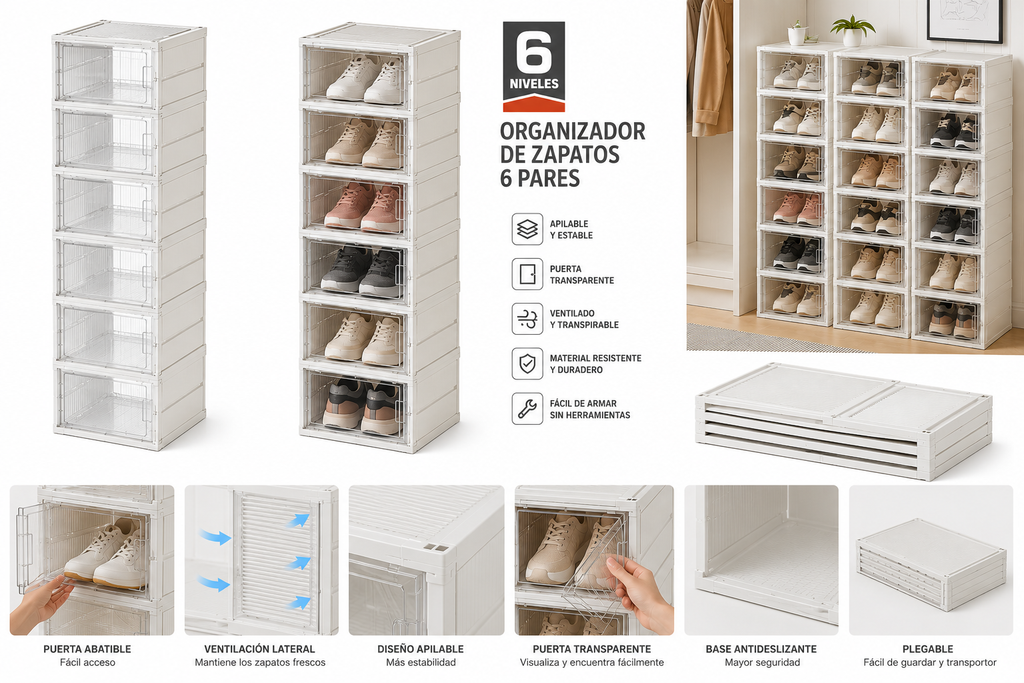 Organizador de Zapatos Apilable 6 Pares | Caja Plegable con Puerta Transparente