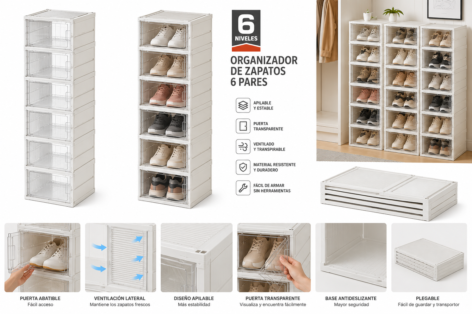 Organizador de Zapatos Apilable 6 Pares | Caja Plegable con Puerta Transparente