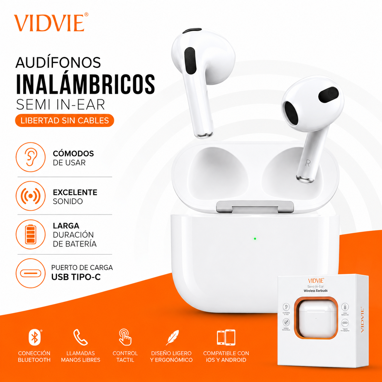 Audífonos Inalámbricos Bluetooth VIDVIE Semi In-Ear USB-C para iPhone y Android