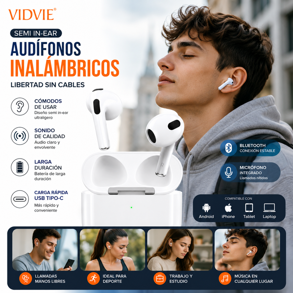 Audífonos Inalámbricos Bluetooth VIDVIE Semi In-Ear USB-C para iPhone y Android