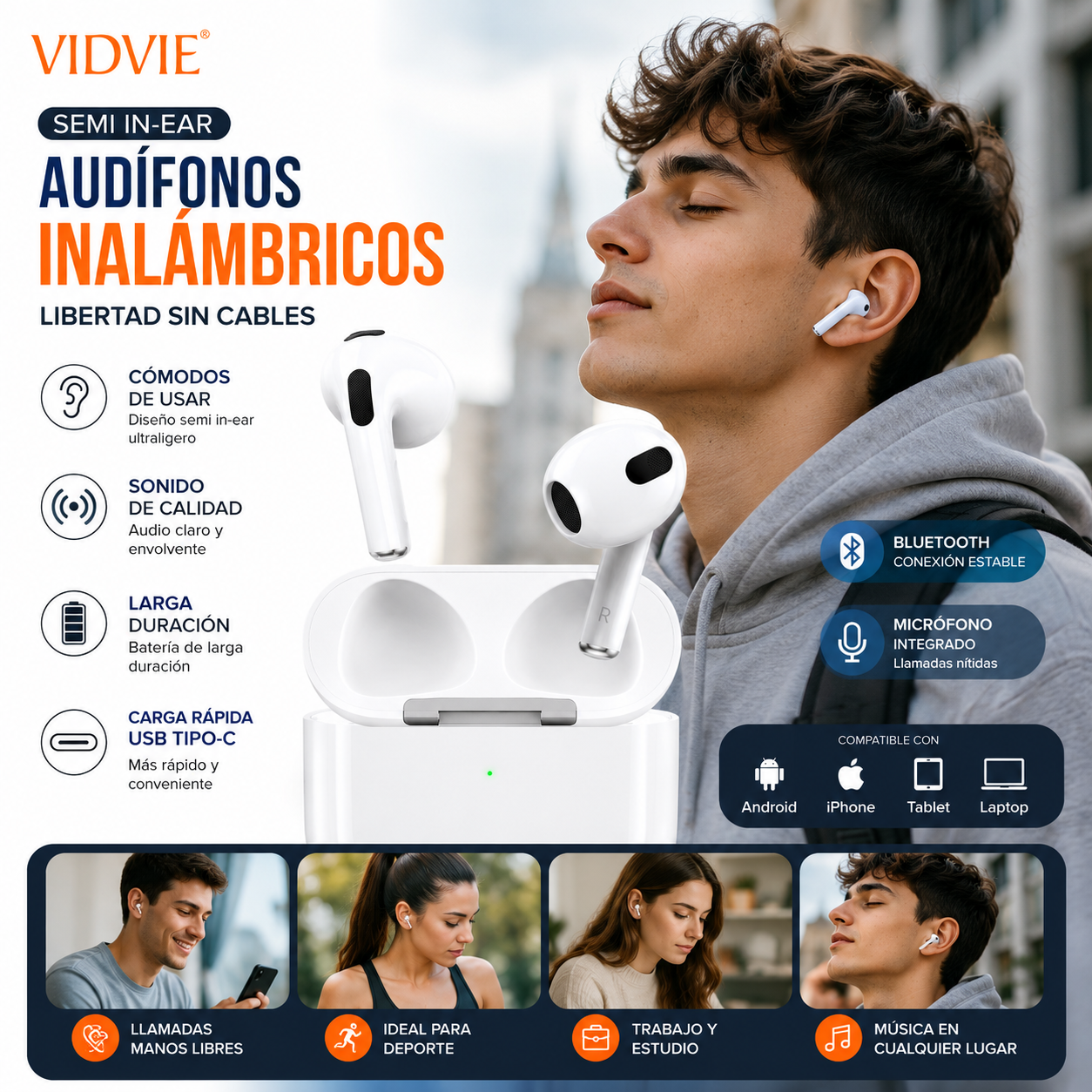 Audífonos Inalámbricos Bluetooth VIDVIE Semi In-Ear USB-C para iPhone y Android