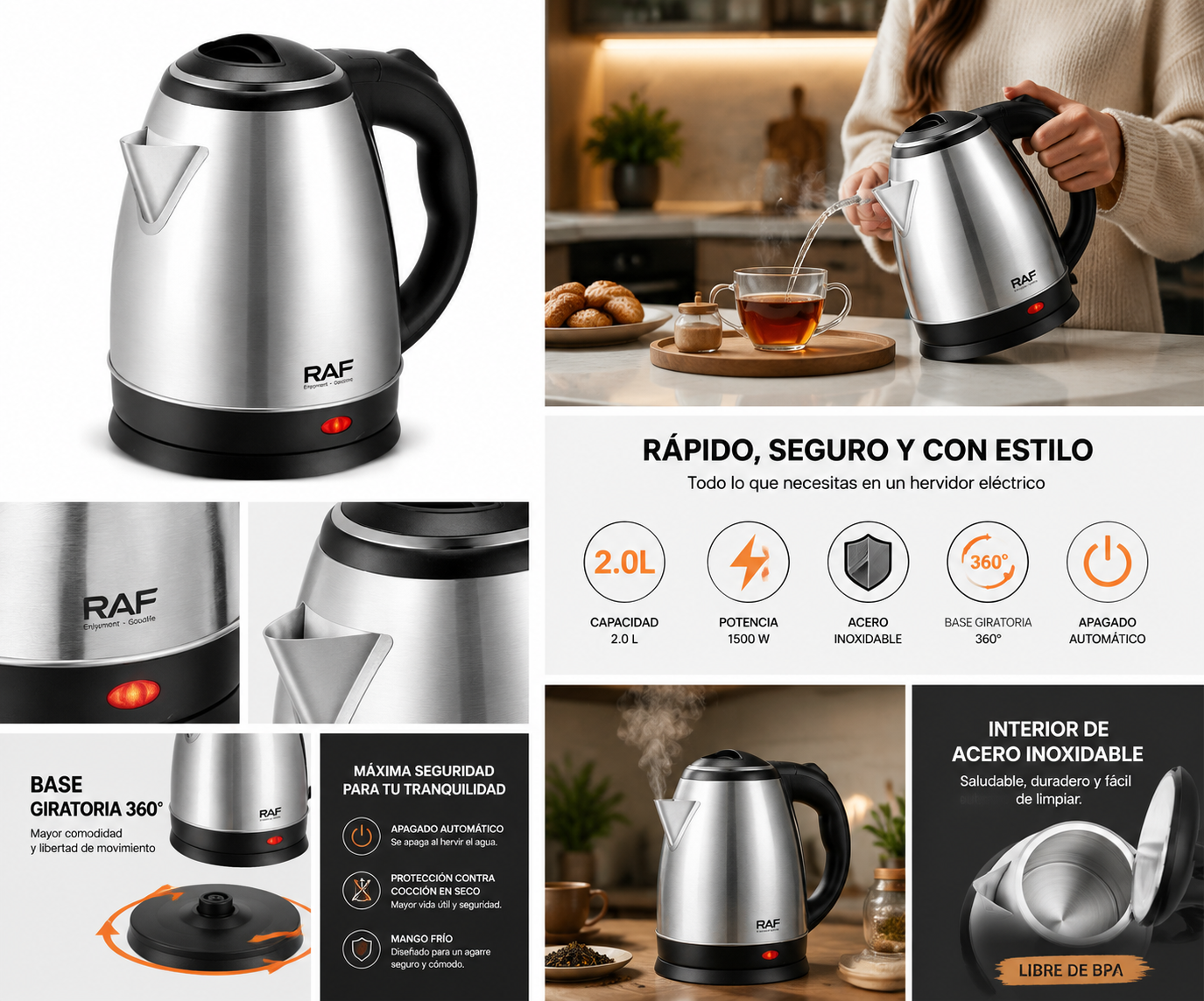 Hervidor Eléctrico RAF 2 Litros 1500W Acero Inoxidable | Apagado Automático