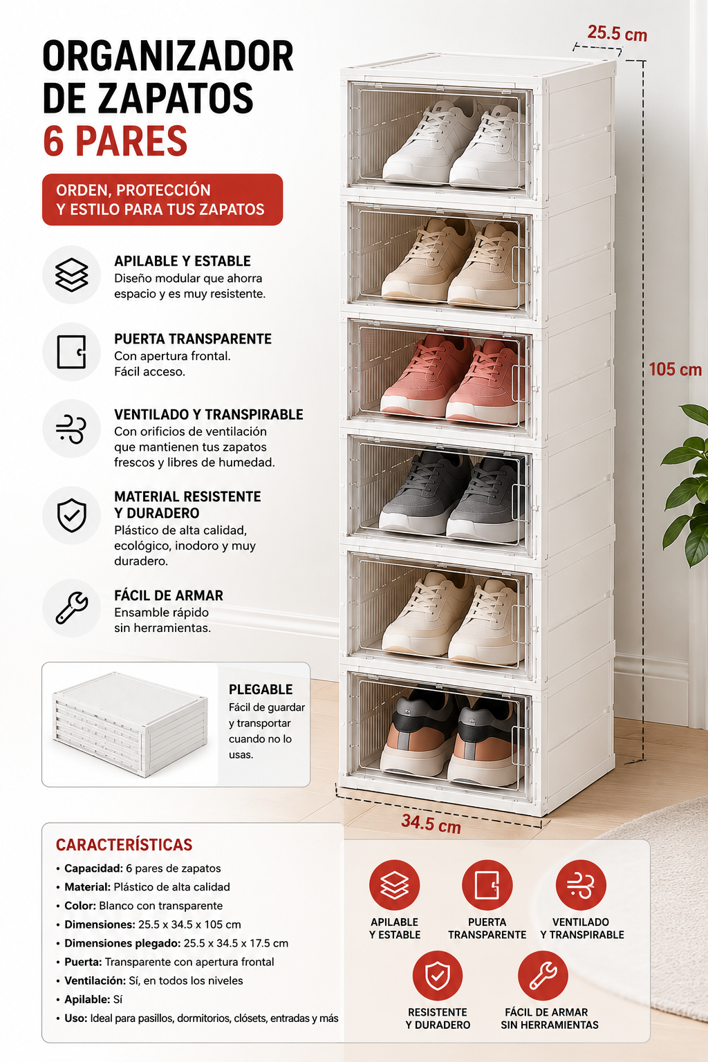 Organizador de Zapatos Apilable 6 Pares | Caja Plegable con Puerta Transparente