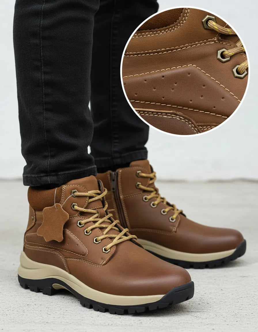 Botín Hombre 100% Cuero Café con Cierre Lateral – Suela Antideslizante