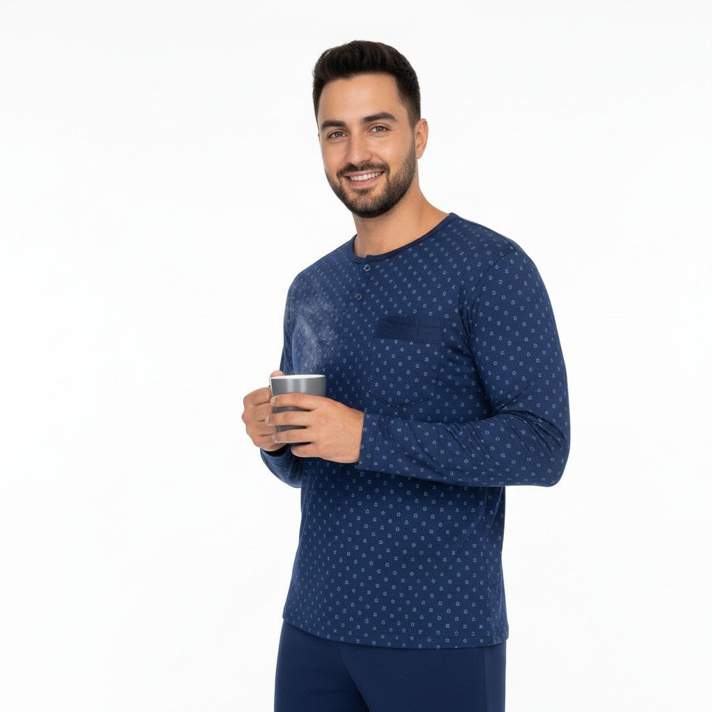 Pijama de Algodón Hombre Manga Larga – Cómodo y Suave